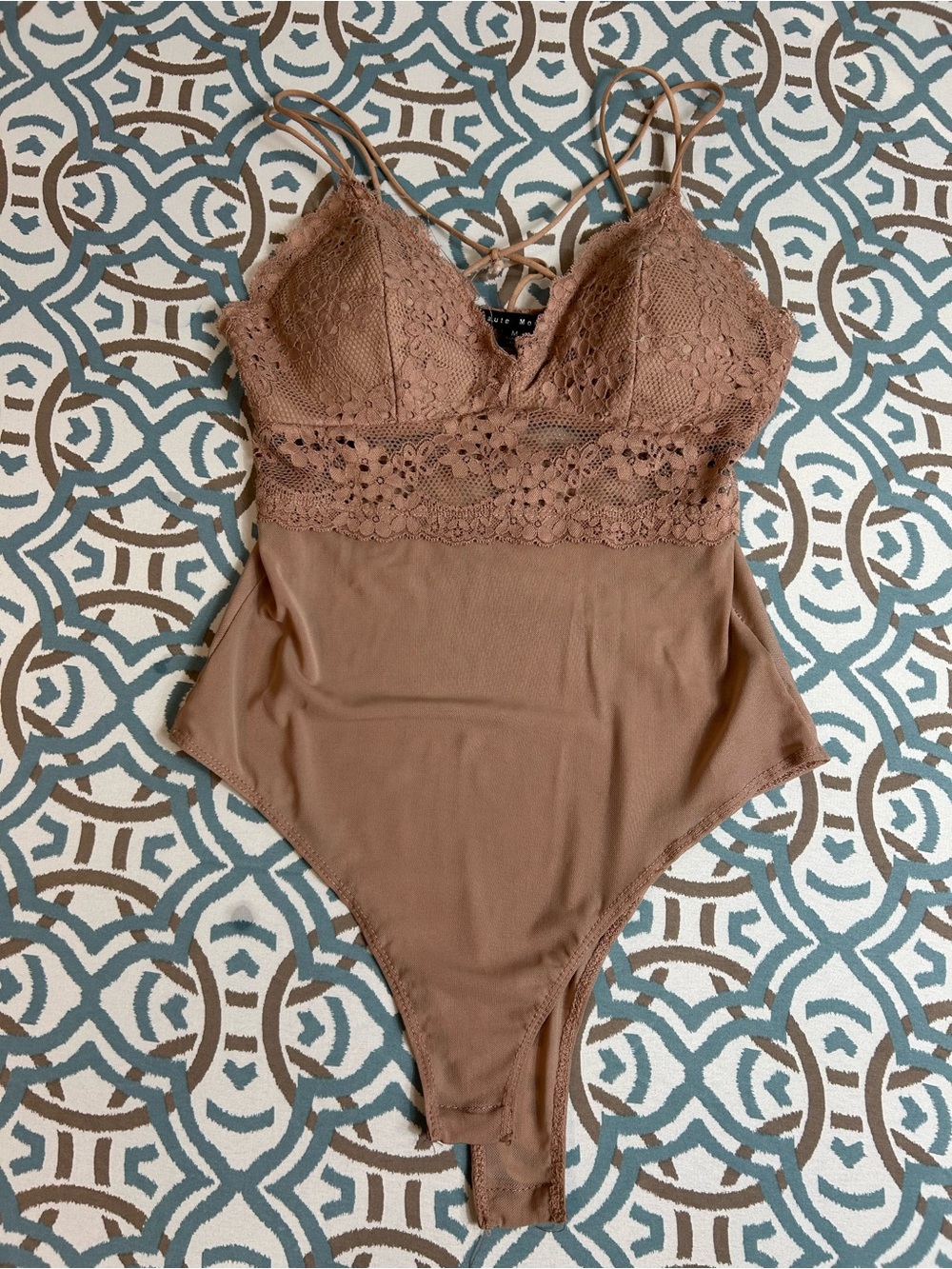 Haute Monde Brown Lace-Trim Bodysuit with Spaghetti Straps